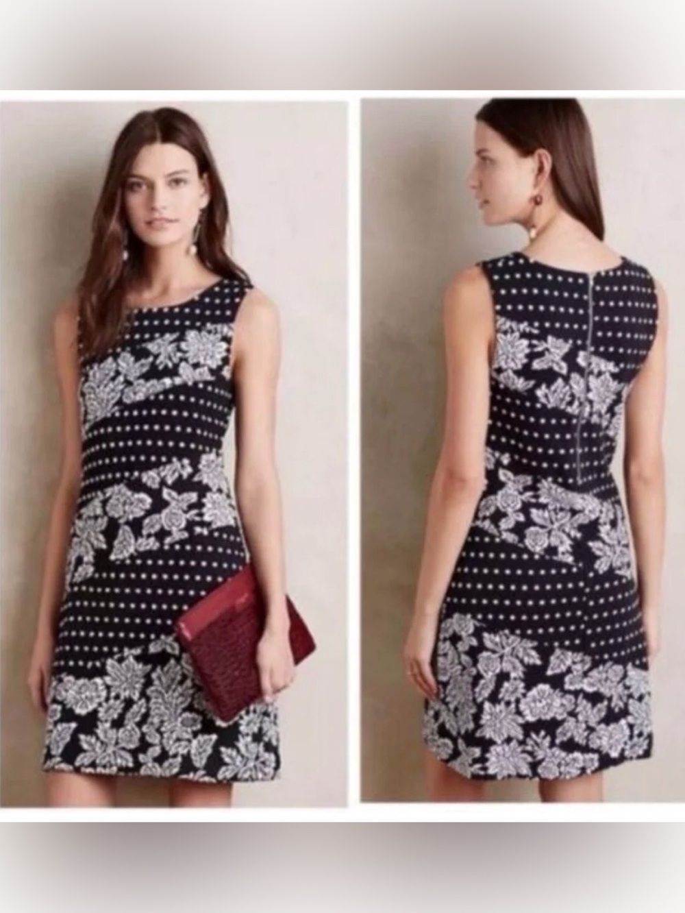 Anthropologie Maeve Effamy Black Dress with White Floral & Dot Print